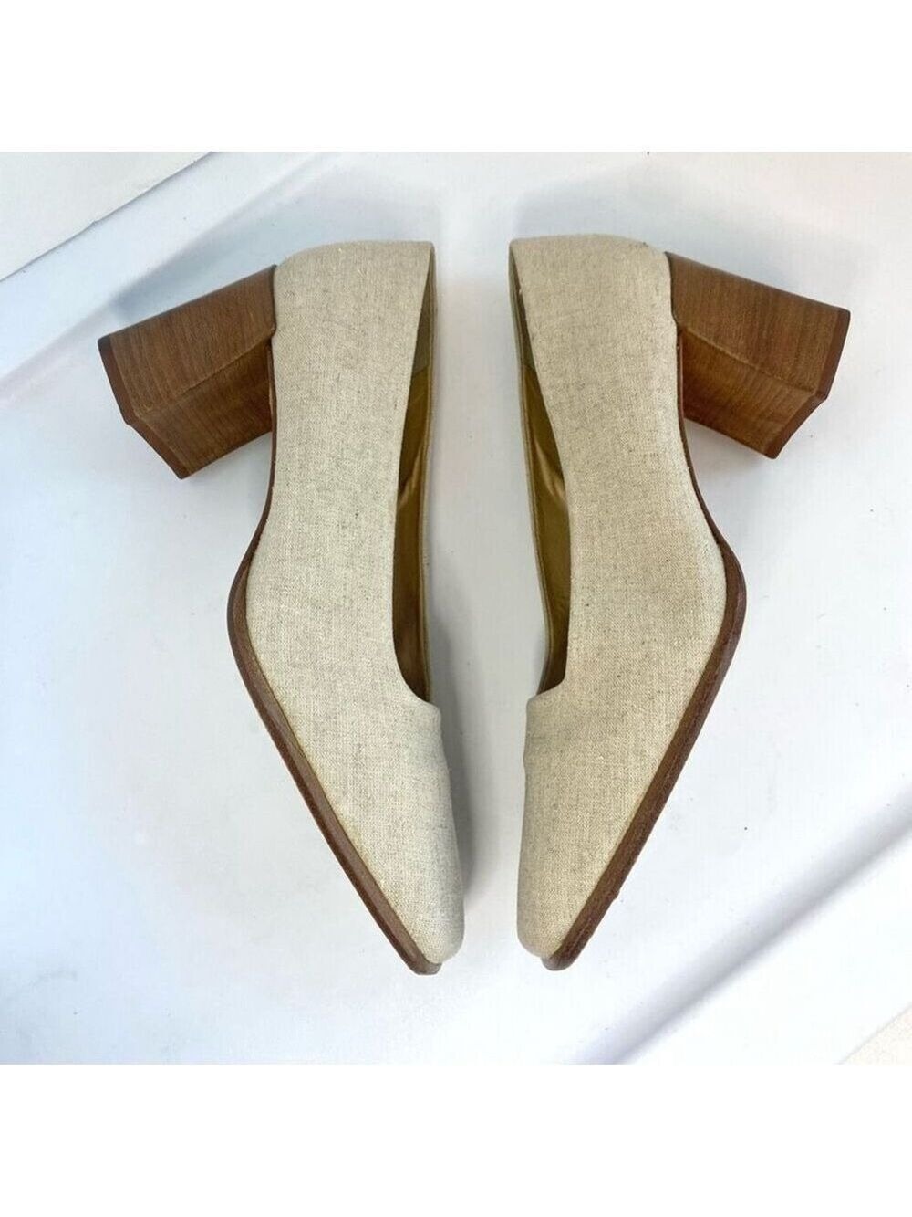 Nine West Beige Tan Linen Like Fabric Shoes Pump Square Toe Wood Block Heel Wome - Picture 3 of 11